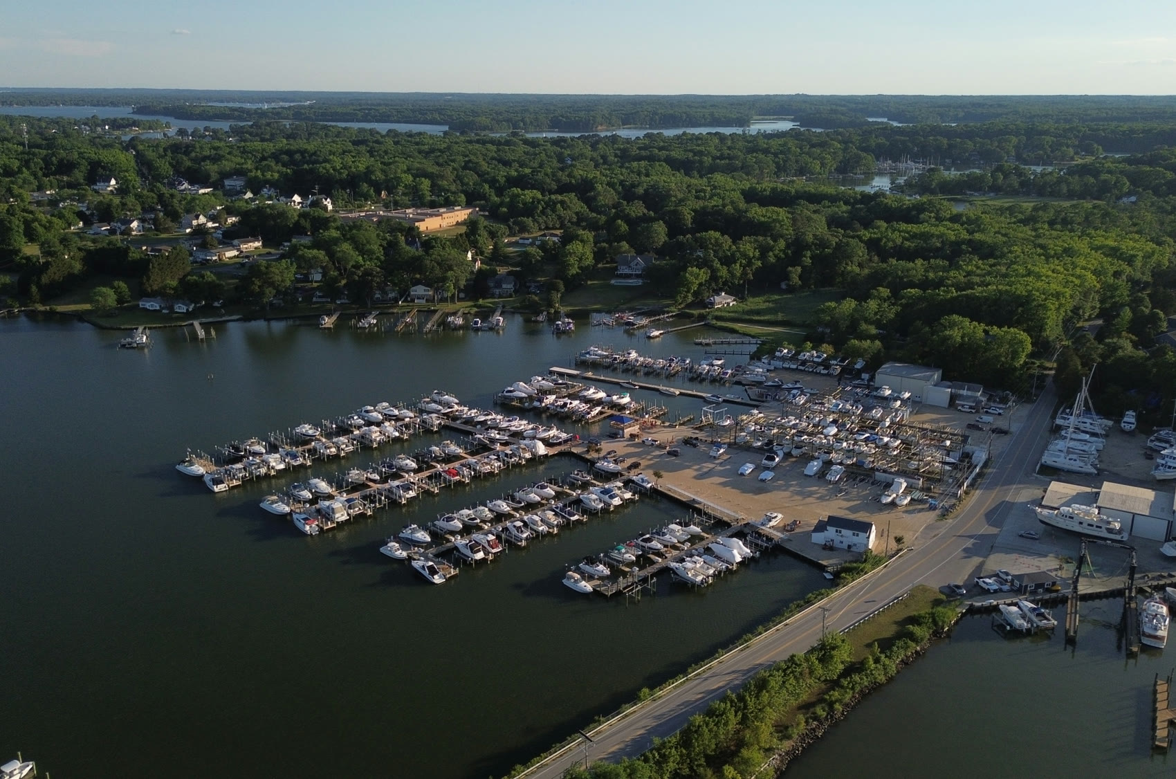 Aerial view of South River Marina showing slips, dry stack storage, and service buildings